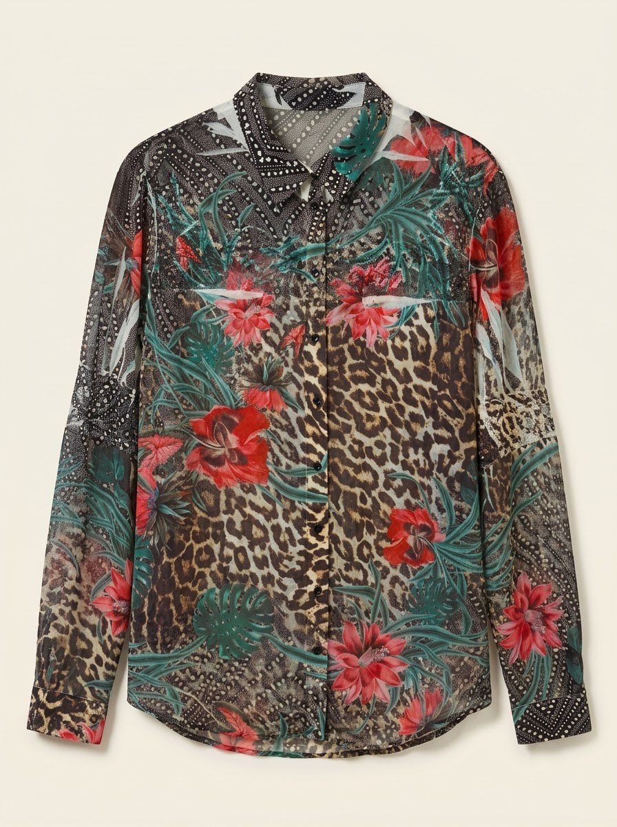 GUESS Sheer Animal & Floral Print Chiffon Shirt